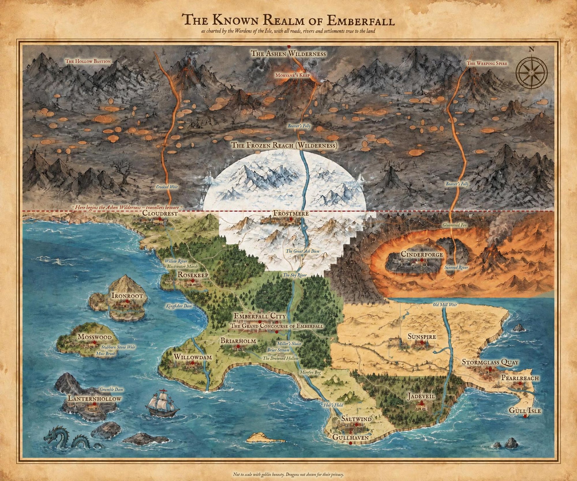 Hand-painted poster map of the Realm of Emberfall with every town, river, dam and the Wilderness border named